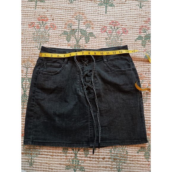 Garage Black Denim Lace Front Mini Skirt Sz. M Festival Wear City Punk Going Out - Picture 9 of 9